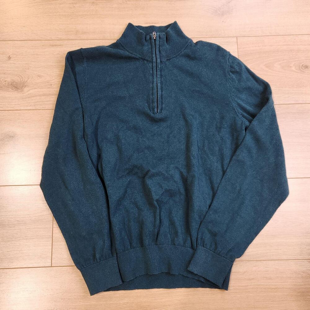 L.L. Bean Cashmere Sweater Mens Small Green Cotton 1/4 Zip Mock Neck Pullover